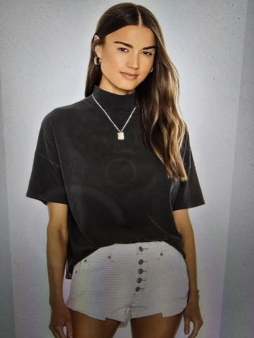 Free People We The Free Washed Black Mock Neck Short Sleeve Tee